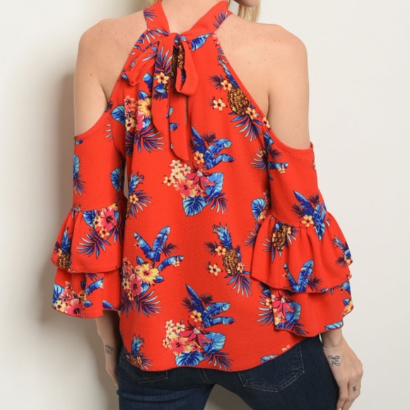 PINEAPPLE & FLORAL PRINT COLD SHOULDER PRINT TOP - Picture 3 of 4